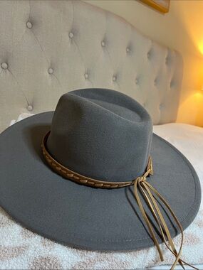 Gray Wide Brim Rancher Hat | Braided Faux Leather Band | Boutique Style